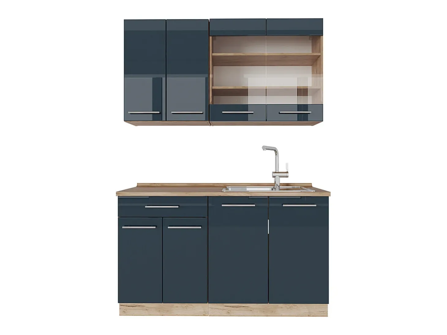 Cocina individual azul oscuro alto brillo/roble dorado 140x60x81.6 fame-line
