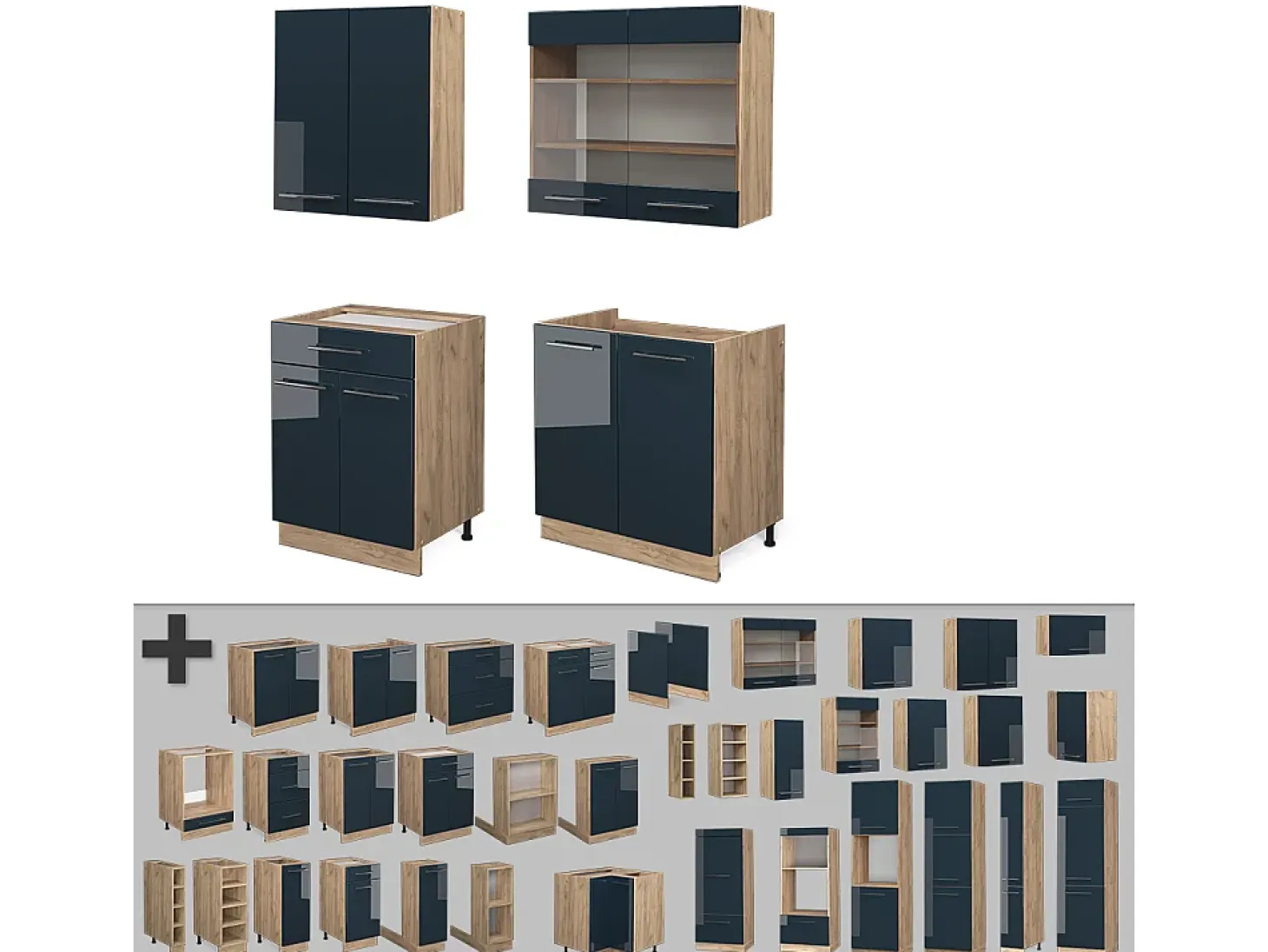 Cocina individual azul oscuro alto brillo/roble dorado 140x60x81.6 fame-line