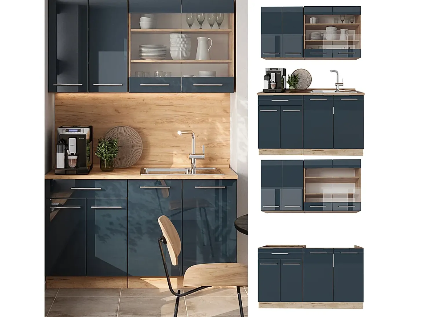 Cocina individual azul oscuro alto brillo/roble dorado 140x60x81.6 fame-line