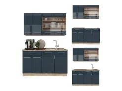 Cocina individual azul oscuro alto brillo/roble dorado 140x60x81.6 fame-line