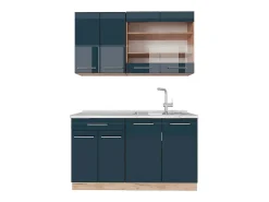 Cocina individual azul oscuro alto brillo/roble dorado 140x60x81.6 fame-line