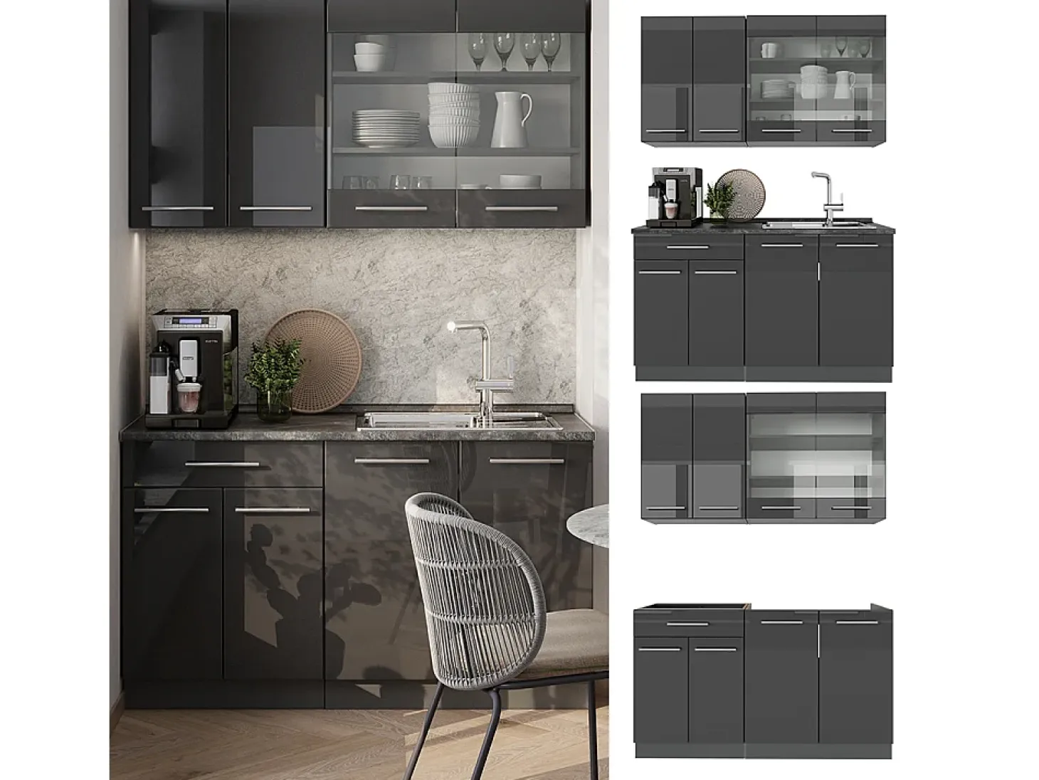Cocina para solteros antracita alto brillo 140x60x81.6 fame-line