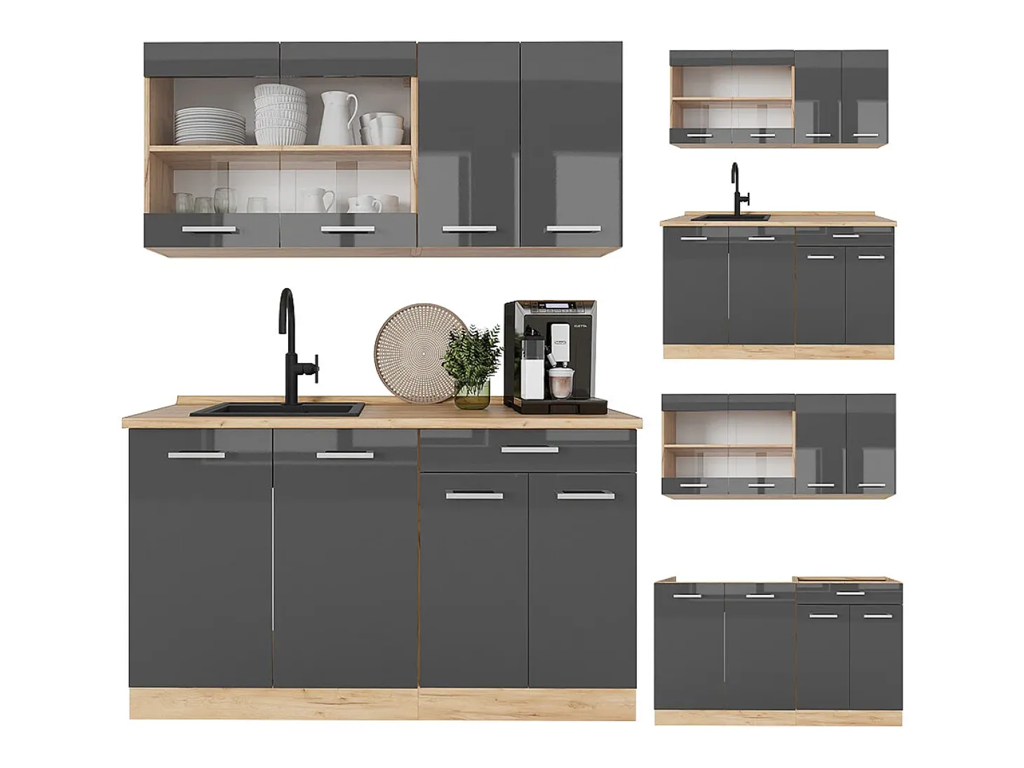 Cocina para solteros antracita brillo intenso/roble dorado eléctrico 140x46x81.6 r-line