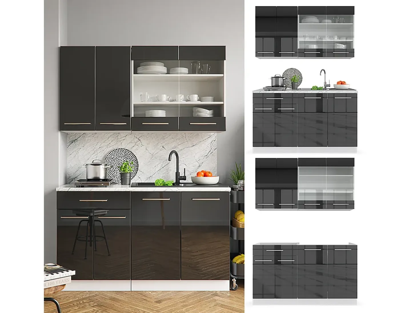 Cocina para solteros antracita brillo intenso/blanco 140x60x81.6 fame-line