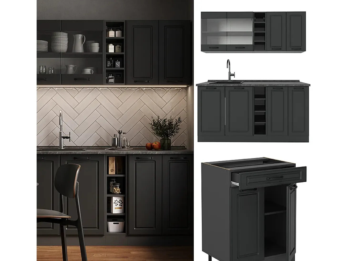 Cocina para solteros antracita casa de campo/antracita 160x46x81.6 r-line