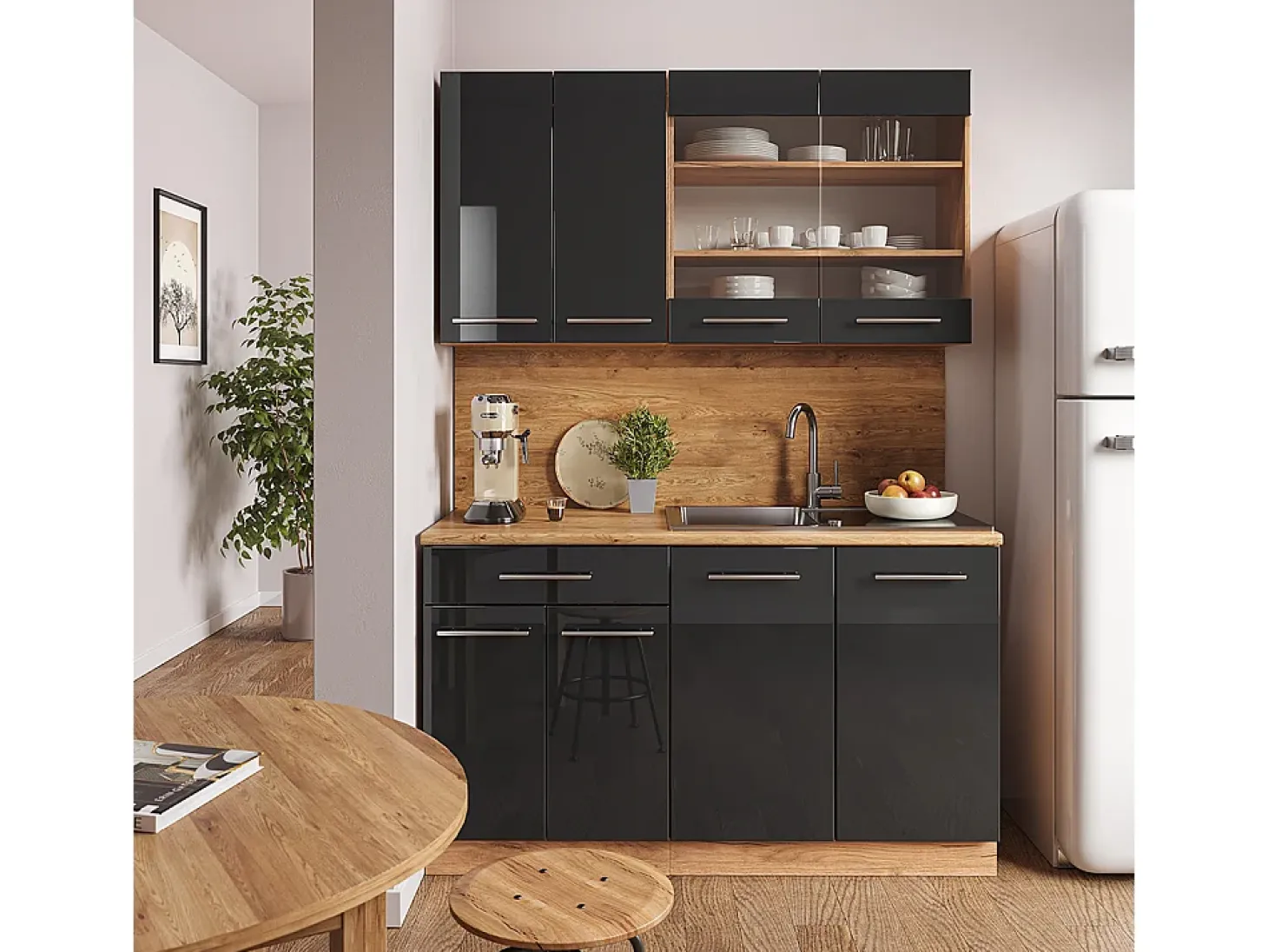 Cocina para solteros antracita brillo intenso/roble dorado eléctrico 140x60x81.6 fame-line