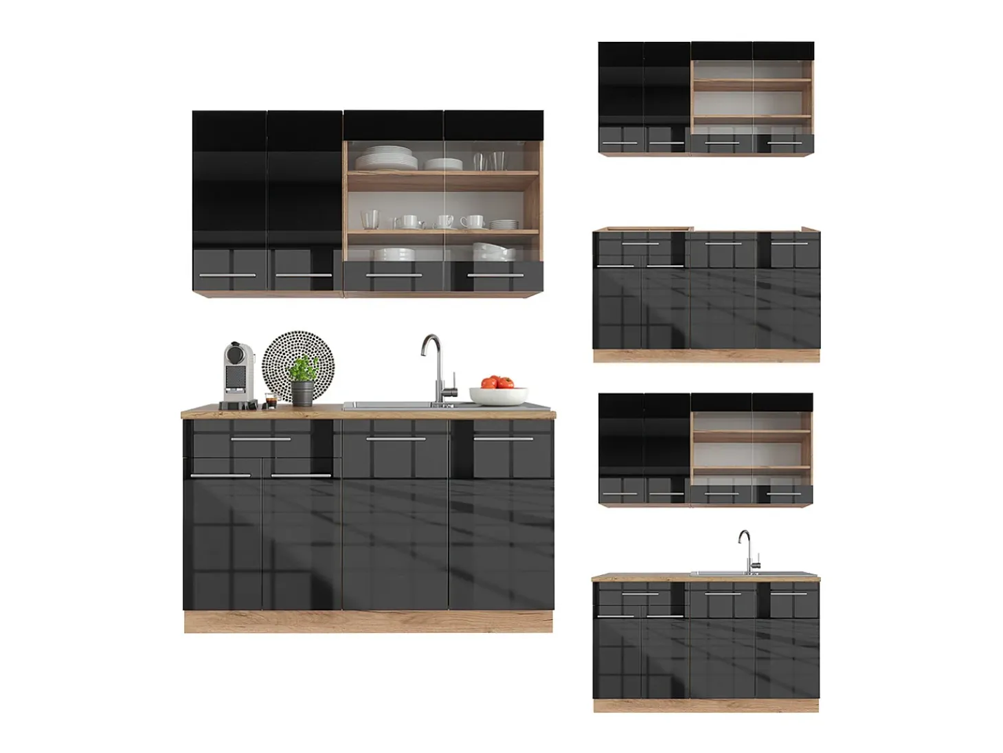 Cocina para solteros antracita brillo intenso/roble dorado eléctrico 140x60x81.6 fame-line