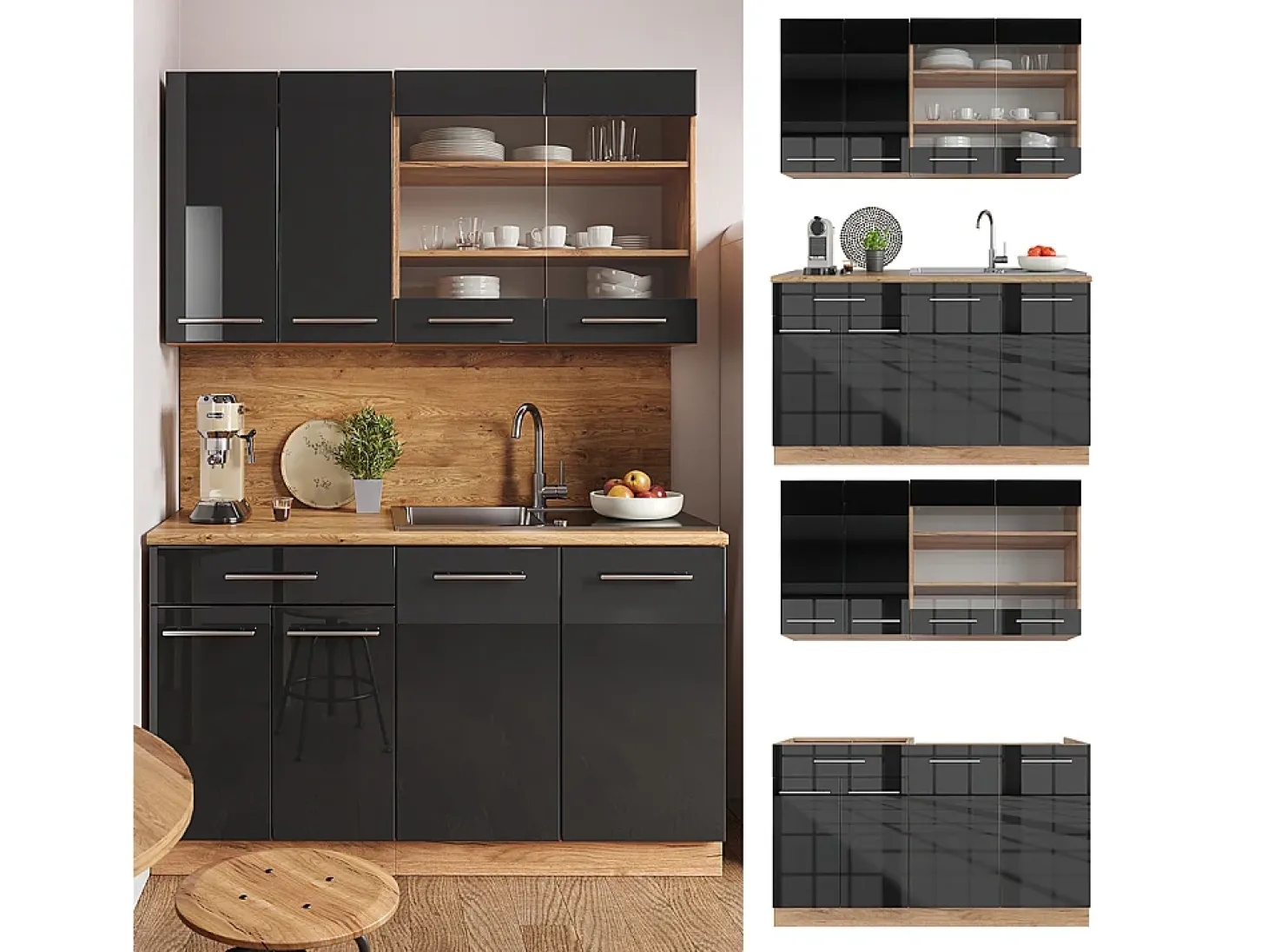Cocina para solteros antracita brillo intenso/roble dorado eléctrico 140x60x81.6 fame-line