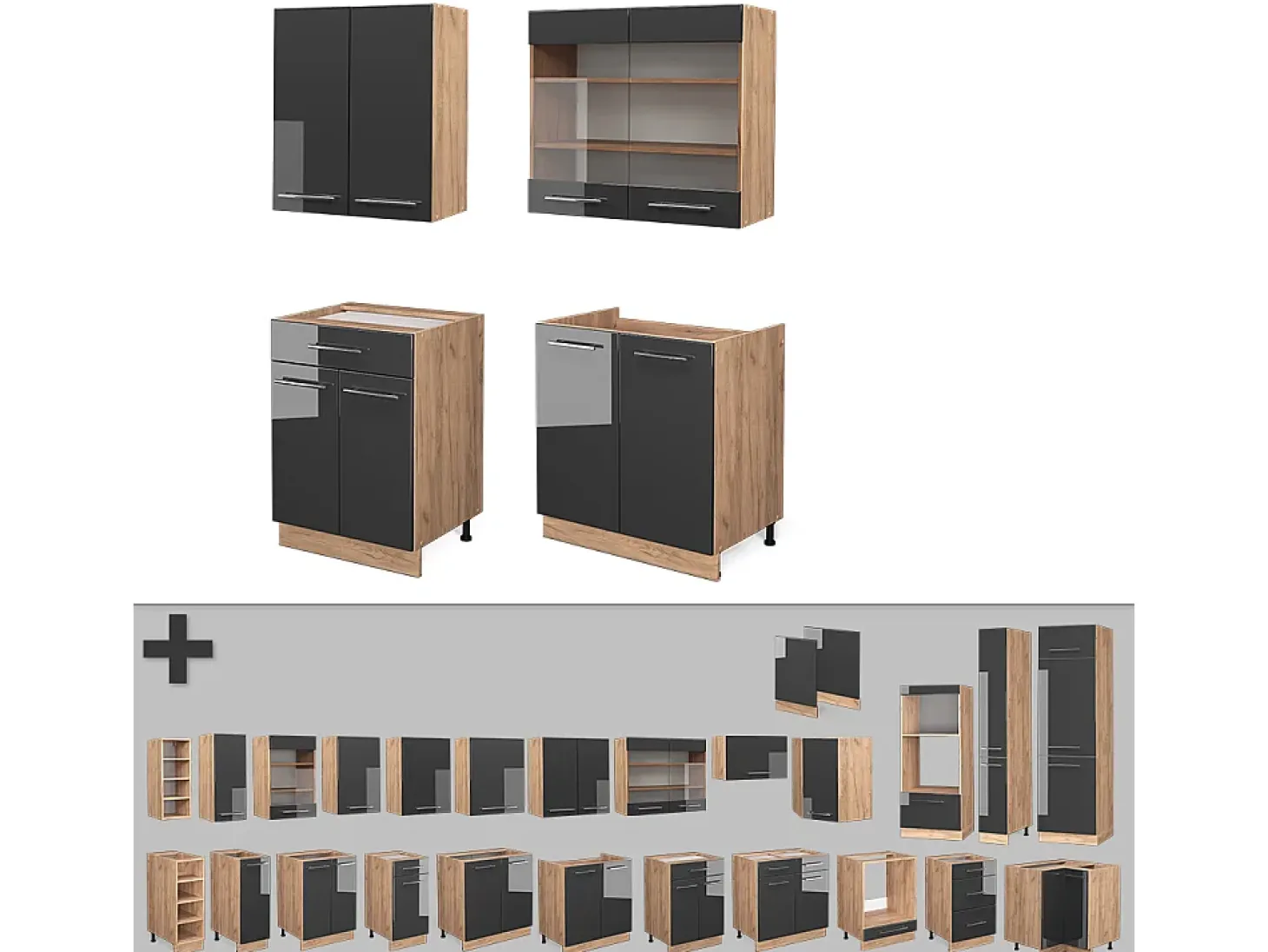 Cocina para solteros antracita brillo intenso/roble dorado eléctrico 140x60x81.6 fame-line