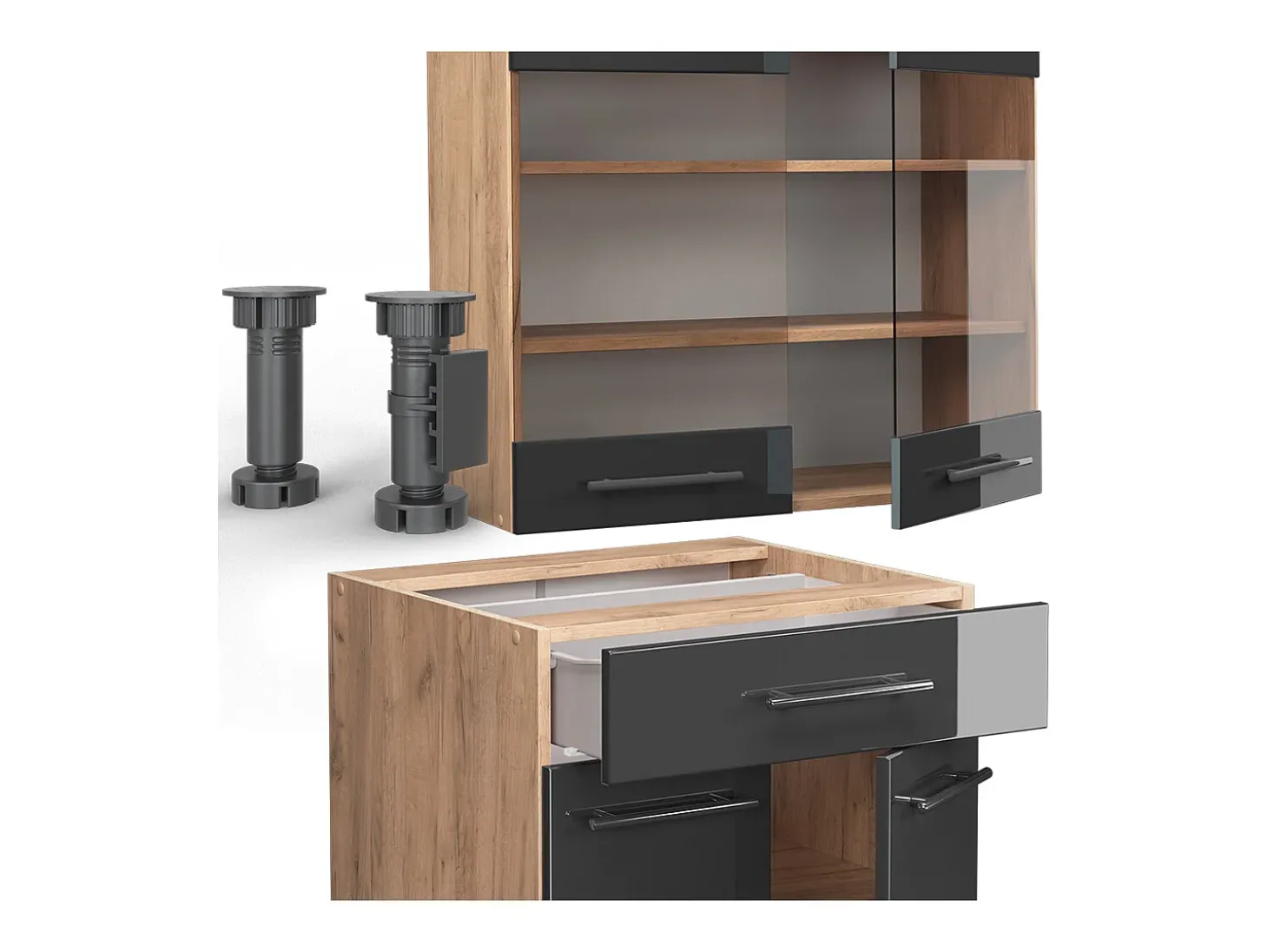 Cocina para solteros antracita brillo intenso/roble dorado eléctrico 140x60x81.6 fame-line