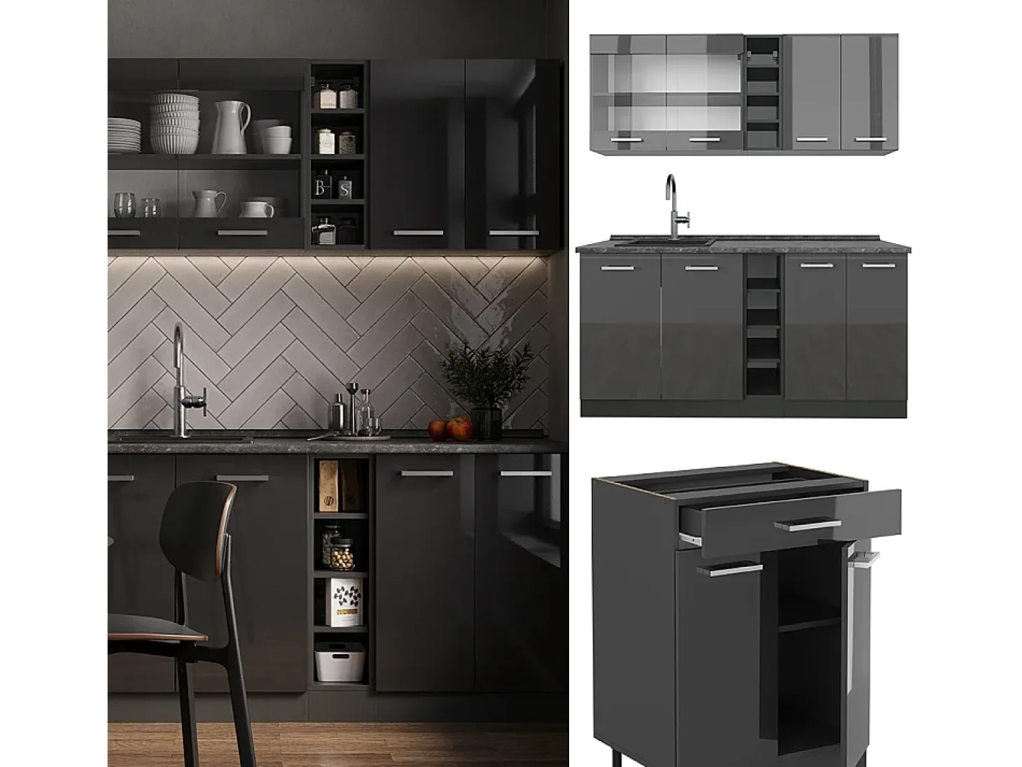 Cocina para solteros antracita brillo intenso/antracita 160x46x81.6 r-line