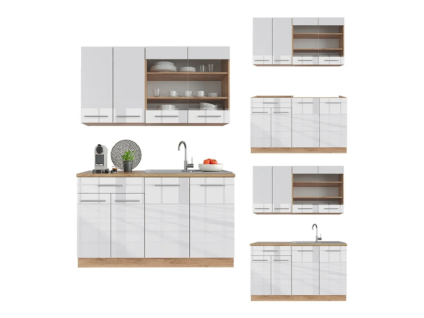 Cocina para solteros blanco brillo intenso/roble dorado 140x46x81.6 fame-line