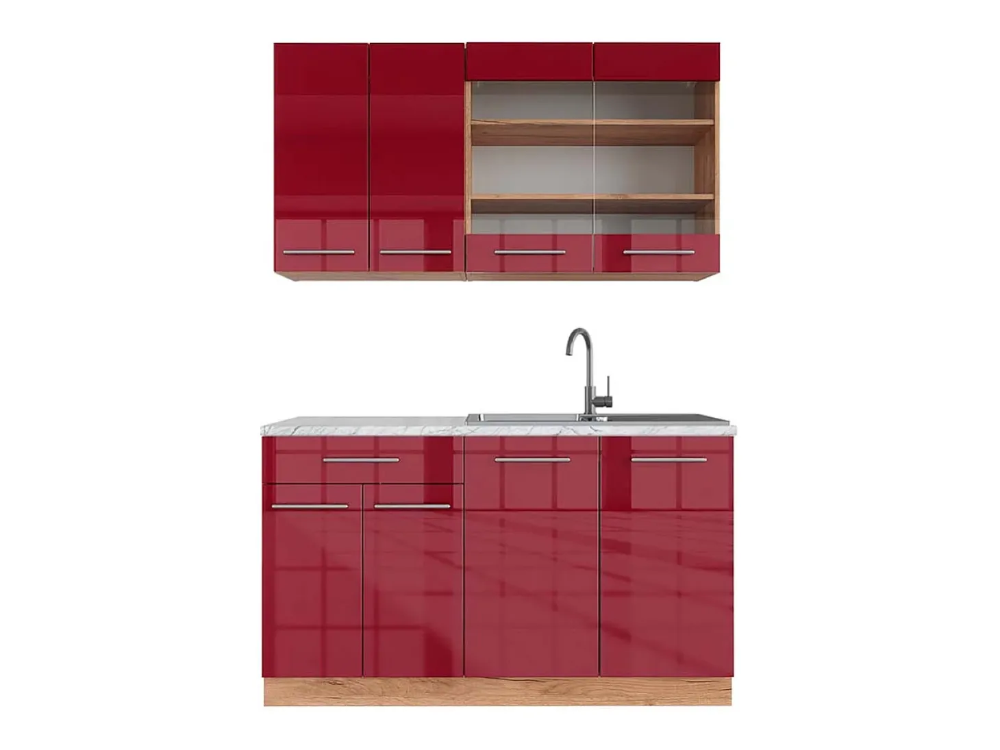 Cocina para solteros burdeos brillo intenso/roble dorado 140x60x81.6 fame-line