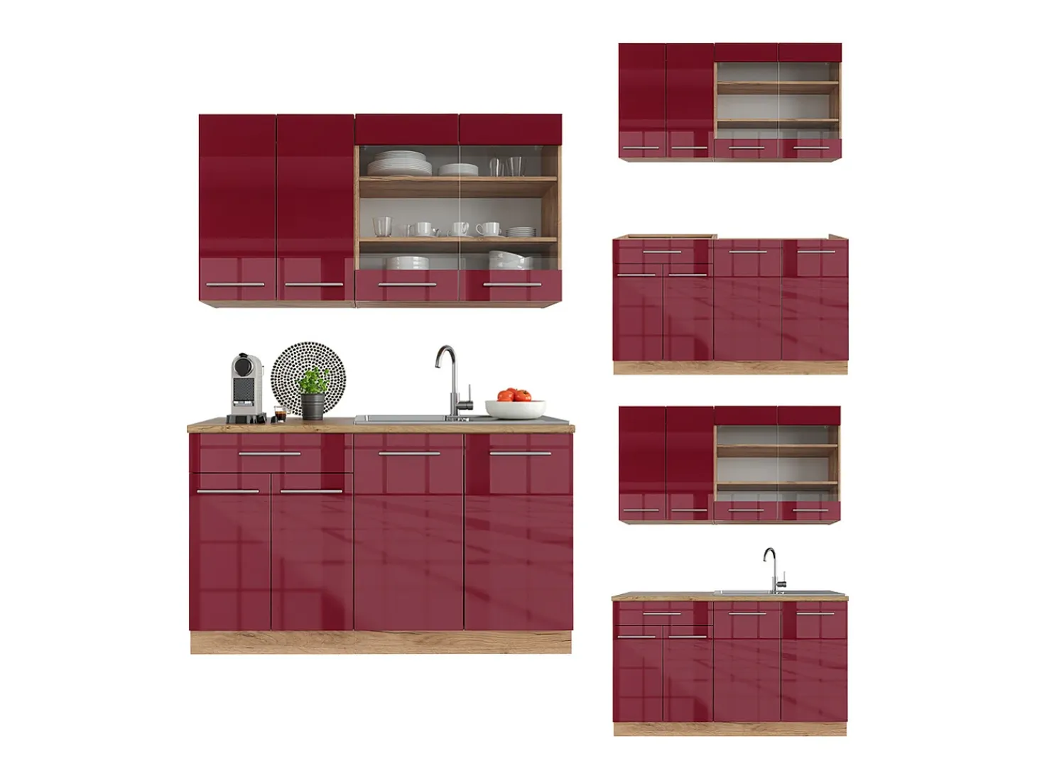 Cocina para solteros burdeos brillo intenso/roble dorado 140x60x81.6 fame-line