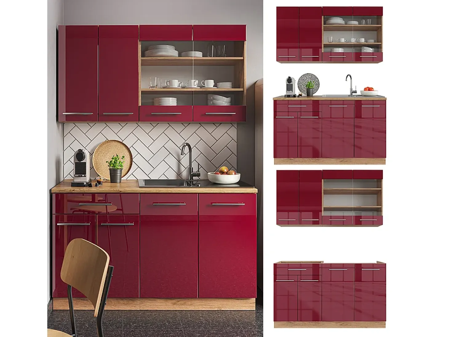 Cocina para solteros burdeos brillo intenso/roble dorado 140x46x81.6 fame-line