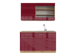 Cocina para solteros burdeos brillo intenso/roble dorado 140x46x81.6 fame-line