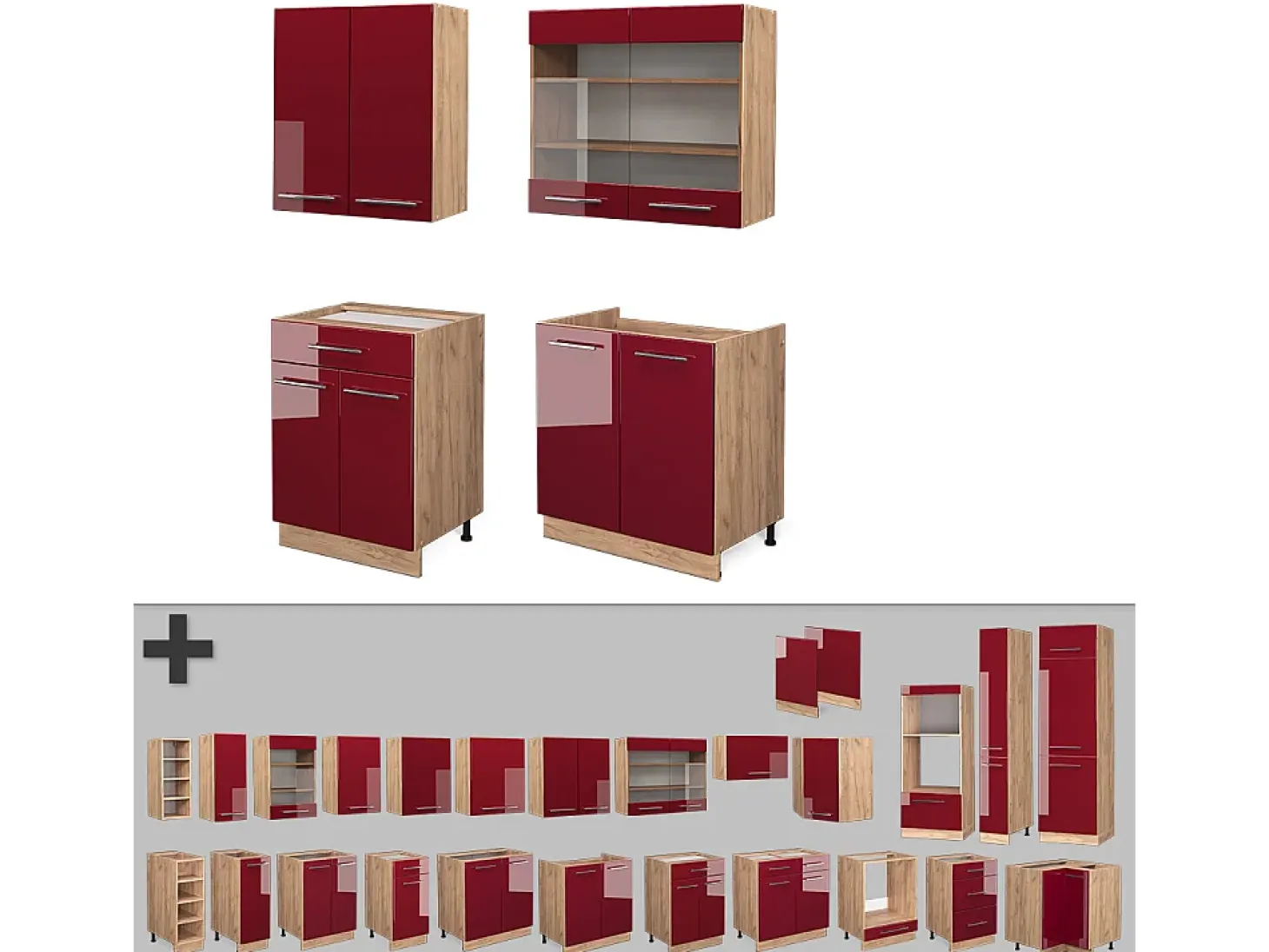Cocina para solteros burdeos brillo intenso/roble dorado 140x46x81.6 fame-line