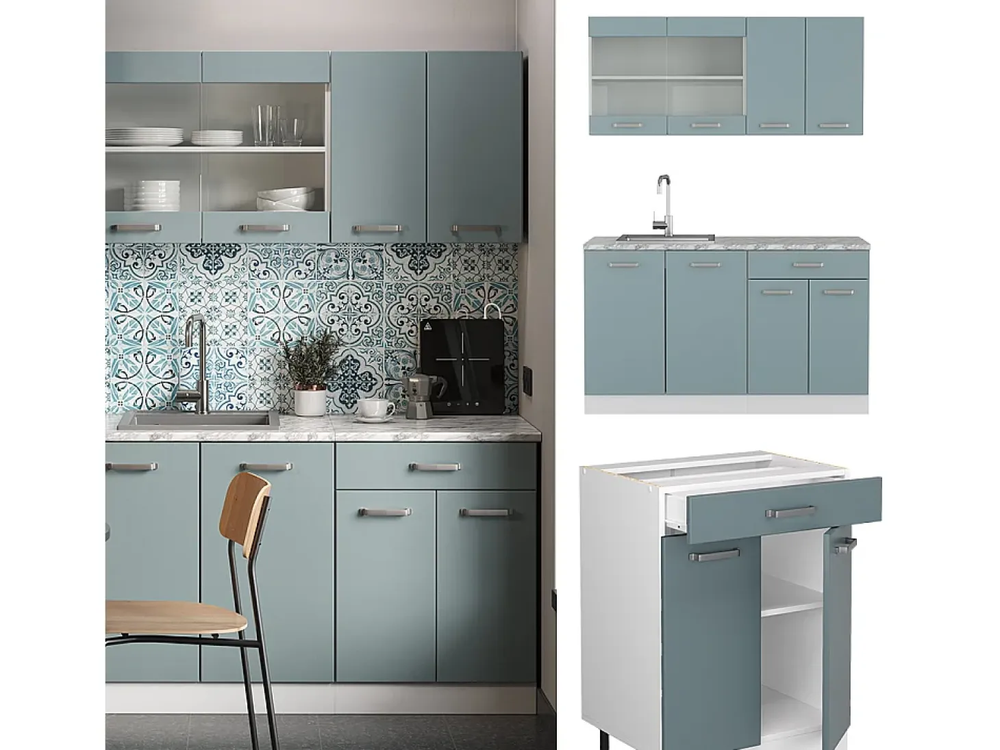 Cocina para solteros gris azulado 140x60x81.6 r-line