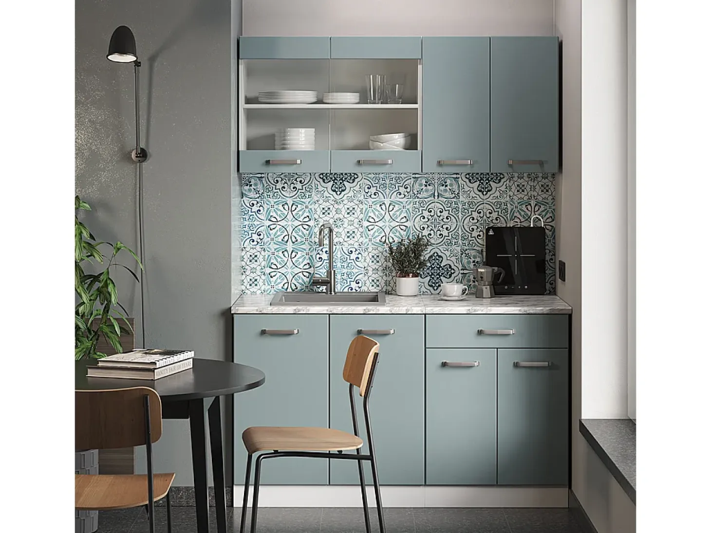 Cocina para solteros gris azulado 140x60x81.6 r-line