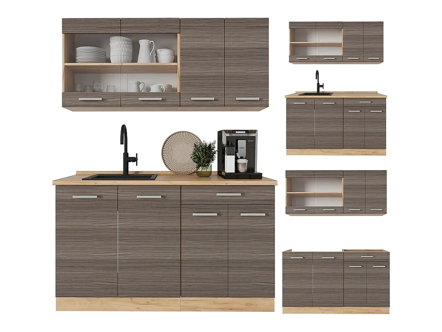 Cocina para solteros gris noble/roble dorado 140x46x81.6 r-line