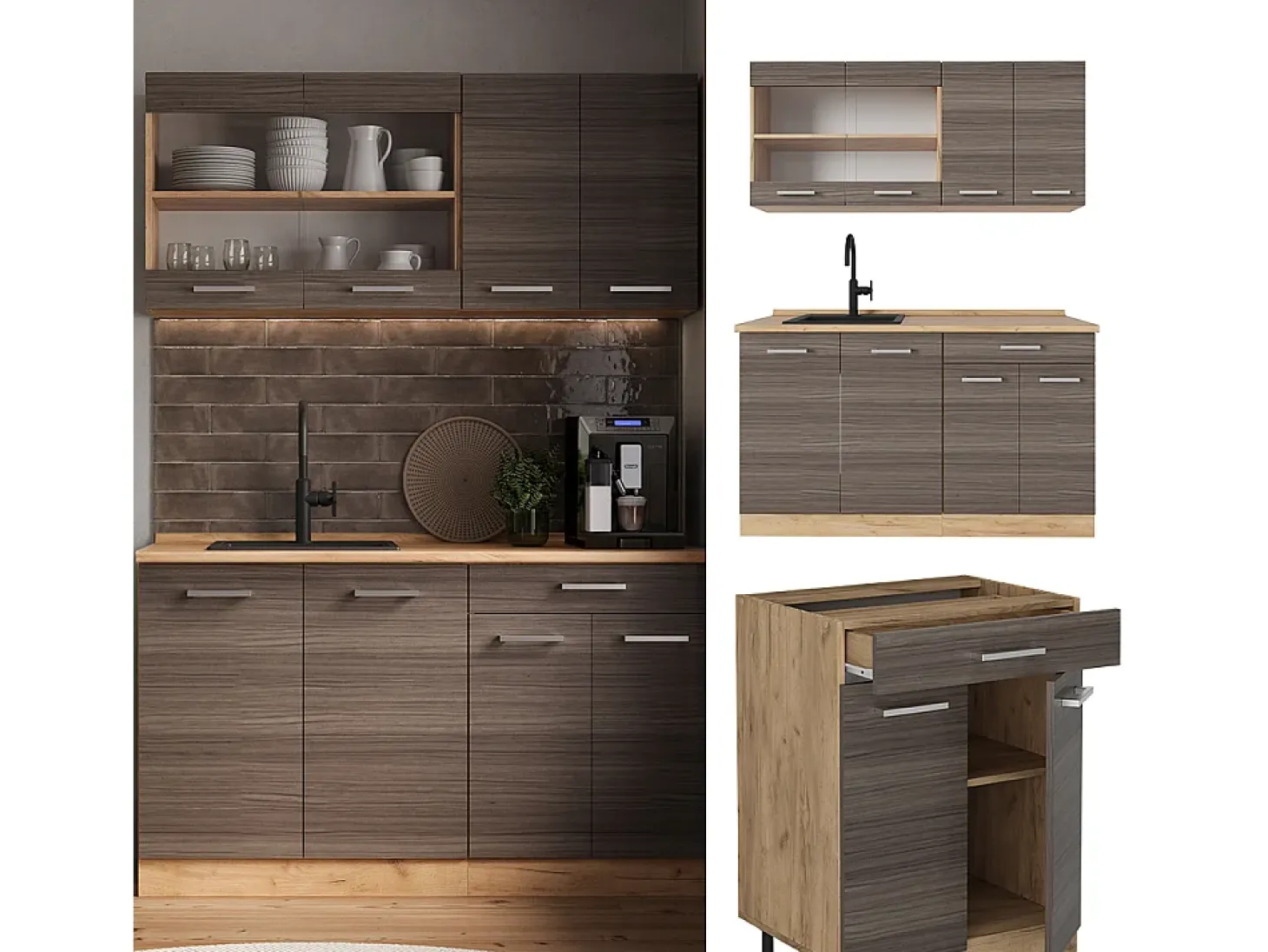 Cocina para solteros gris noble/roble dorado 140x46x81.6 r-line