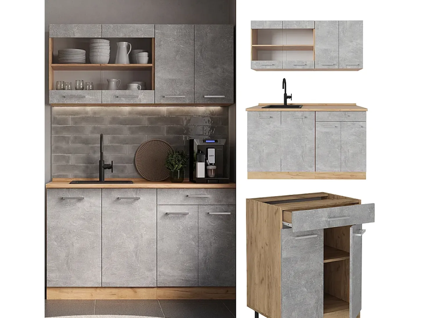 Cocina para solteros hormigón/roble dorado 140x46x81.6 r-line