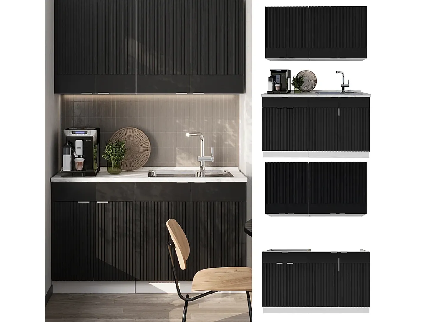 Cocina para solteros negro a rayas/blanco 140x60x81.6 fame-line