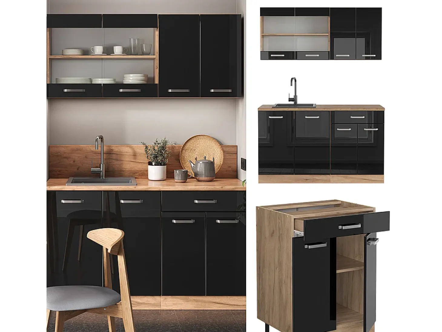 Cocina para solteros roble negro/dorado de alto brillo 140x46x81.6 r-line