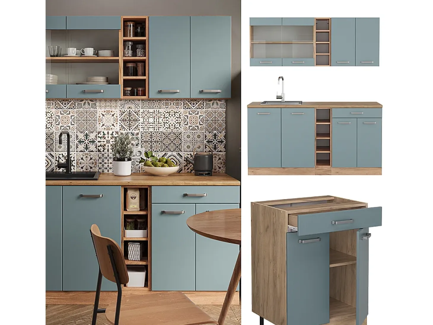Cocina para solteros roble azul-gris-dorado 160x46x81.6 r-line