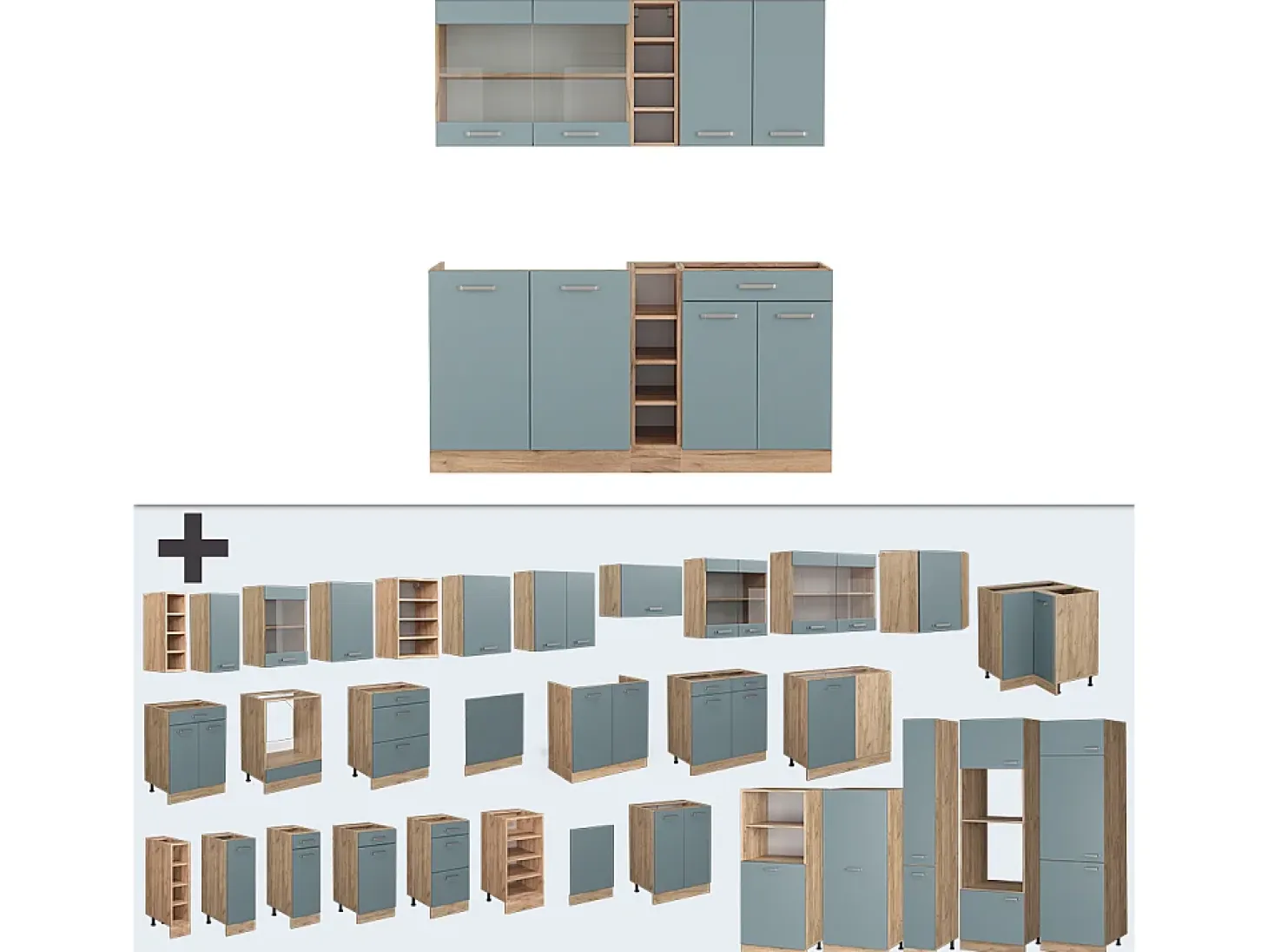 Cocina para solteros roble azul-gris-dorado 160x46x81.6 r-line