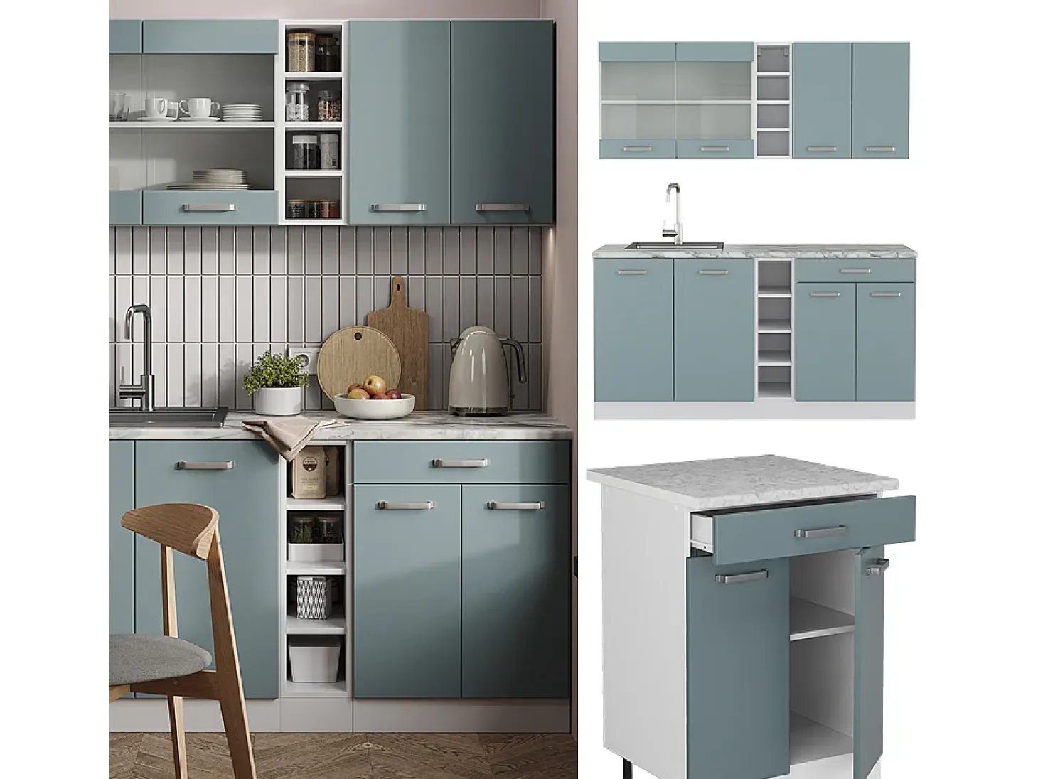 Cocina versátil azul-gris-blanco 160x60x81.6 r-line