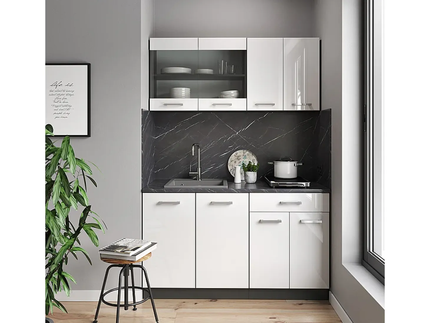 Cocina versátil blanco brillo/antracita 140x60x81.6 r-line