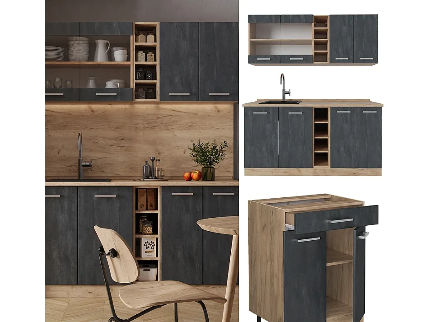 Cocina versátil hormigón negro/roble dorado 160x60x81.6 r-line