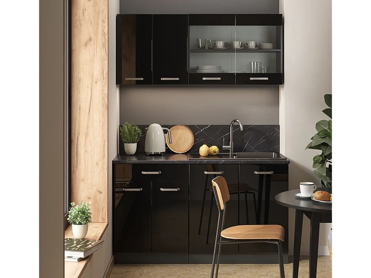 Cocina versátil negro/antracita de alto brillo 140x60x81.6 r-line