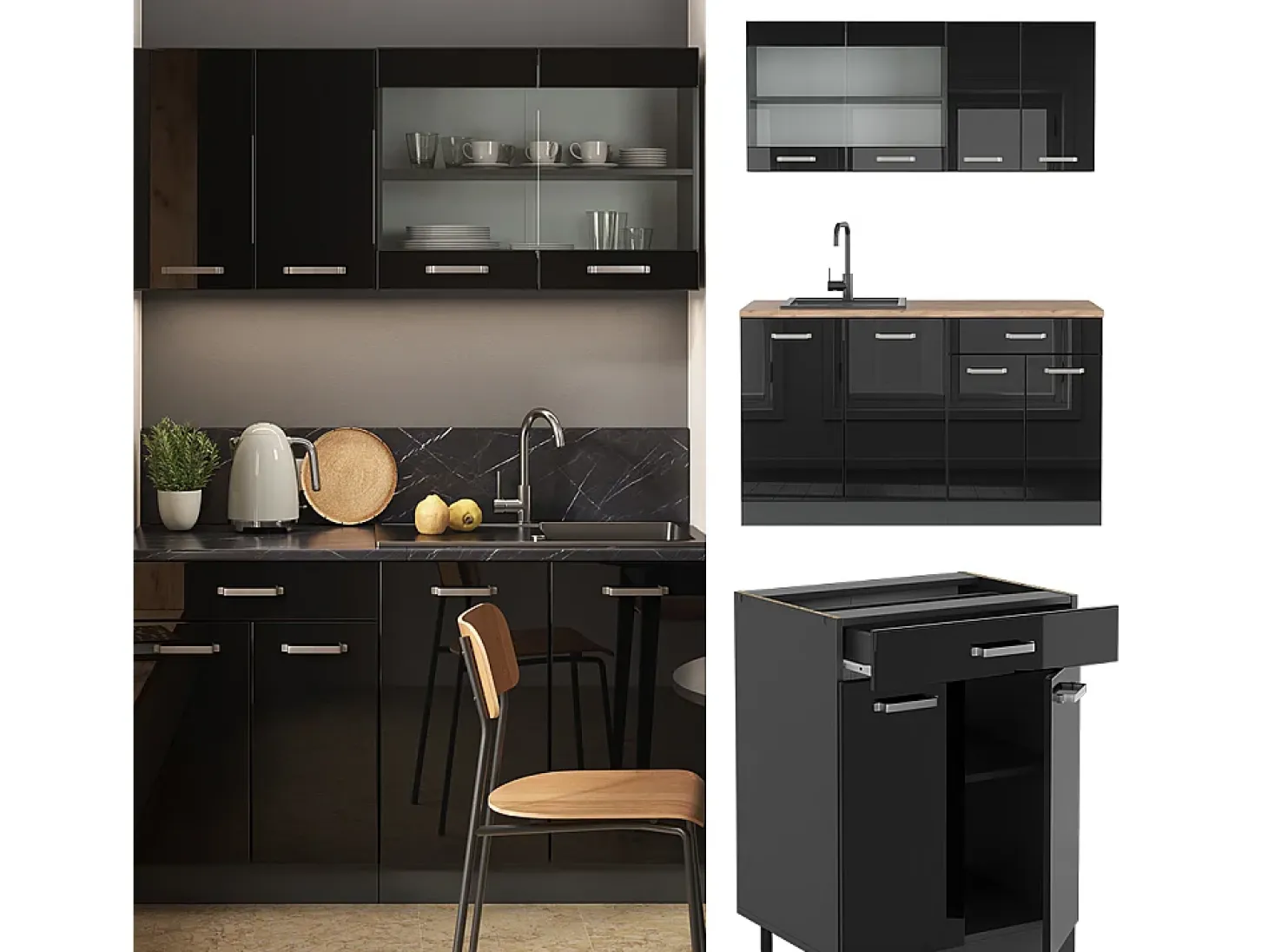 Cocina versátil negro/antracita de alto brillo 140x60x81.6 r-line