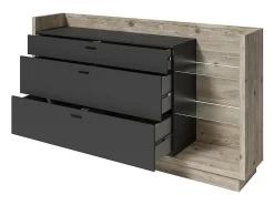 Colección de bufé CORK con LED 200 cm - 3 cajones, 3 estanterías, color de pino - Dimensiones 200 x 108 x 42 cm