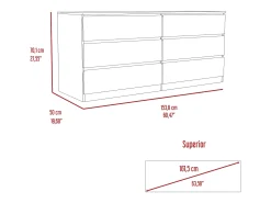 Comoda Asteria doble en melamina, seis cajones con rieles metalicos , 69.97 cm X 153.5 cm X 50 cm , Blanco