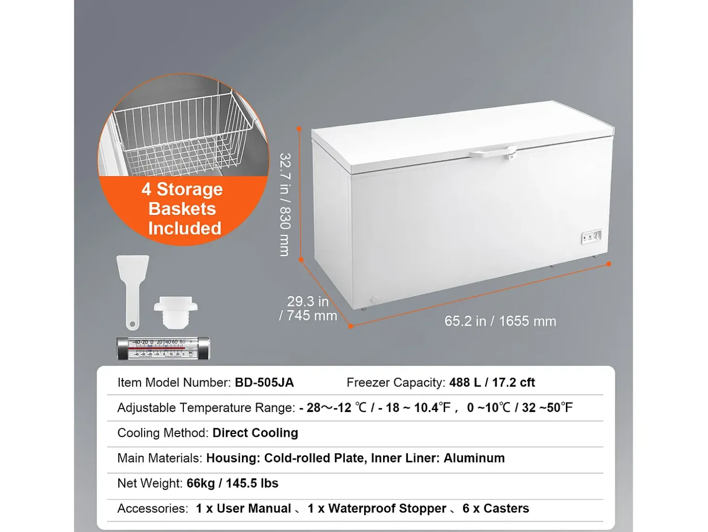 Congelador Horizontal SucceBuy de 488 L con 4 Cestas