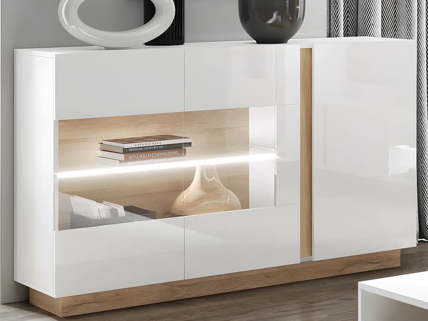 Conjunto aparador y mueble TV blanco brillante y natural - Comedor luminoso MURARI