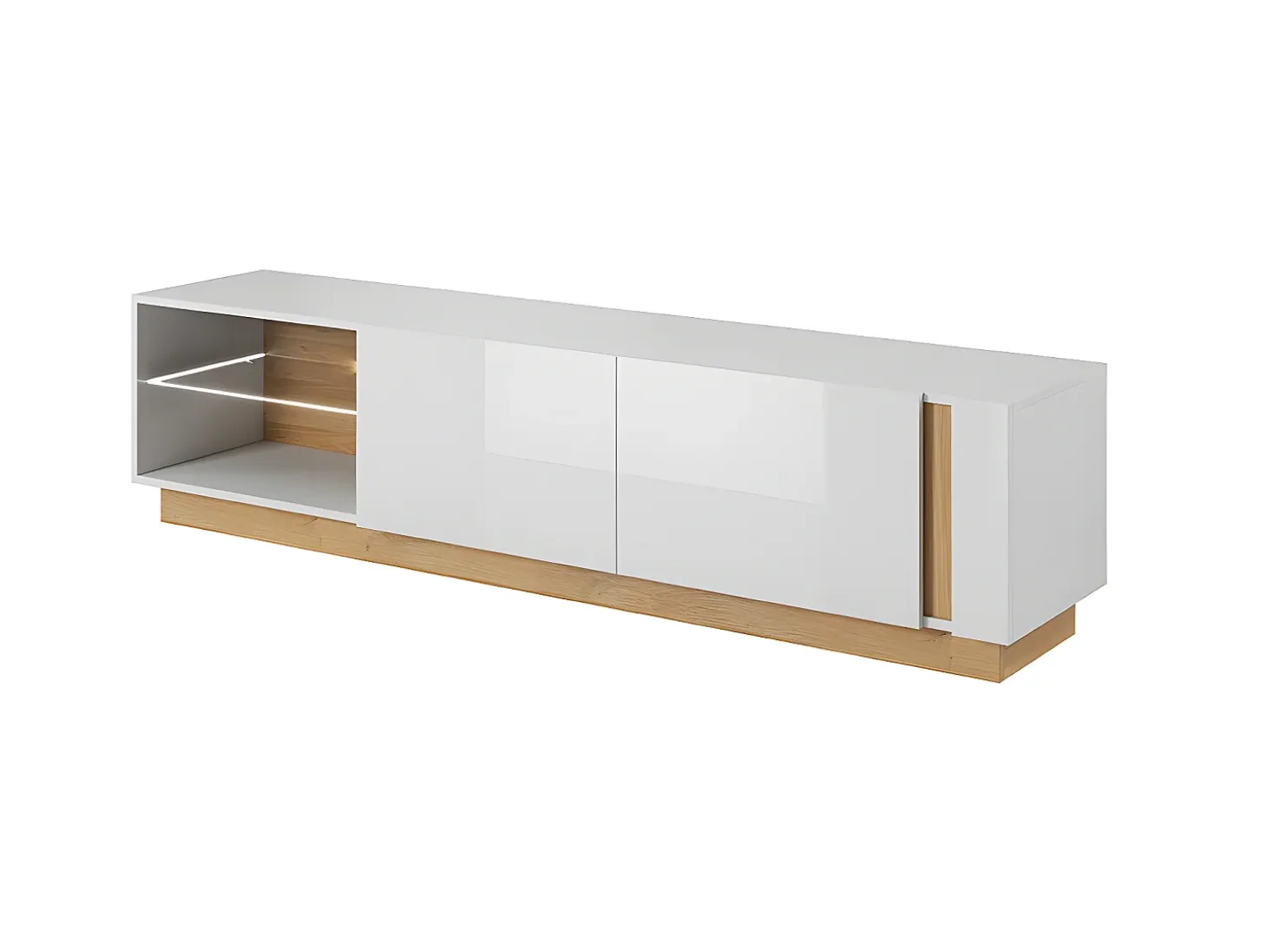 Conjunto aparador y mueble TV blanco brillante y natural - Comedor luminoso MURARI