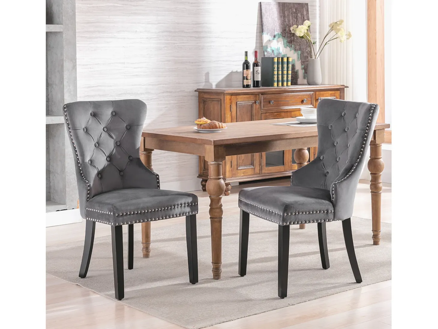 Conjunto de 2 sillas - terciopelo - patas de madera maciza - gris