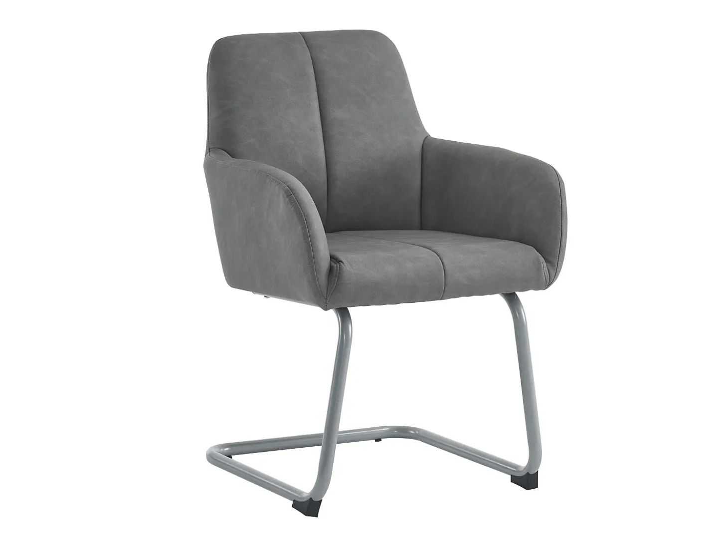 Conjunto de 2 sillas cantilever con reposabrazos, tapizado en símil piel gris, patas de metal color plata.