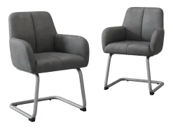 Conjunto de 2 sillas cantilever con reposabrazos, tapizado en símil piel gris, patas de metal color plata.