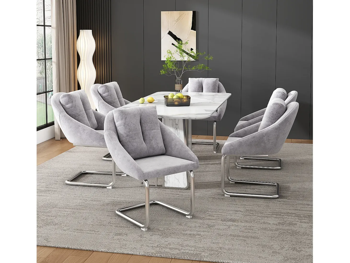 Conjunto de 6 sillas con cojines - Patas metálicas curvadas - Terciopelo gris