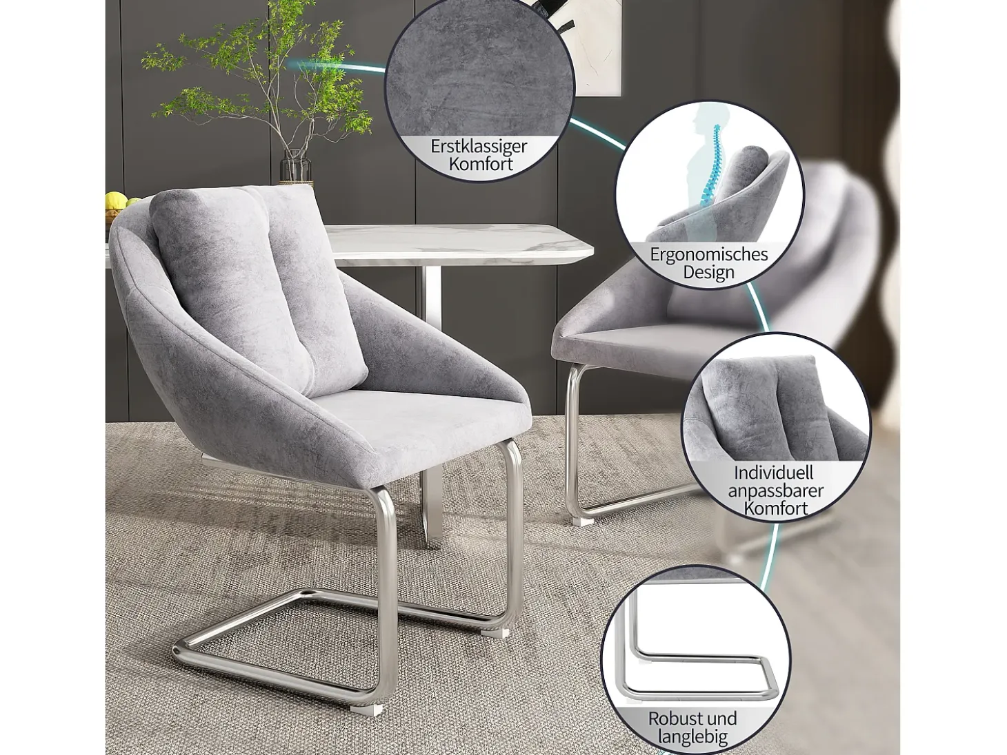 Conjunto de 6 sillas con cojines - Patas metálicas curvadas - Terciopelo gris