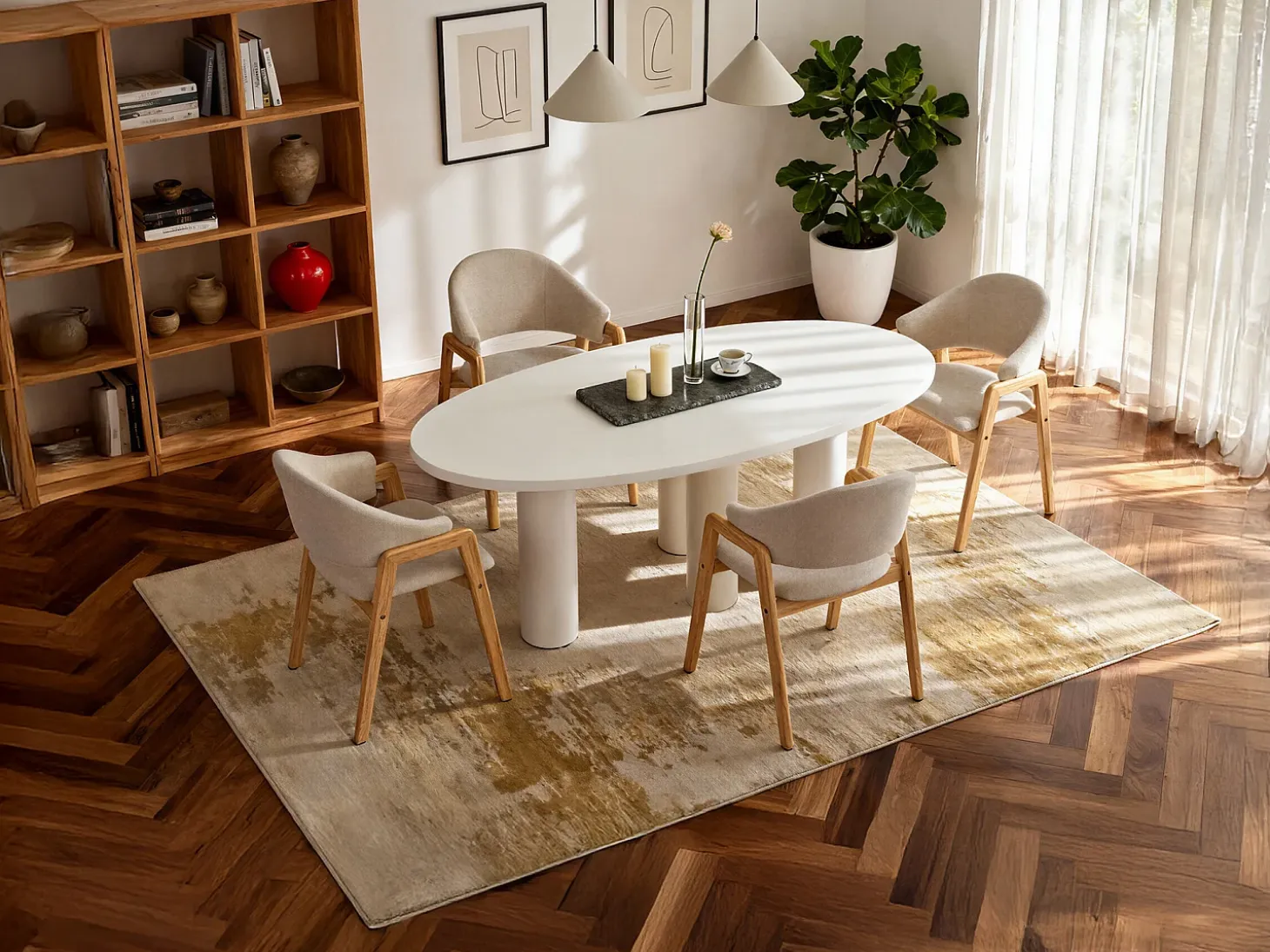 Conjunto de 6 sillas con reposabrazos en tejido bouclé y madera de caucho - Taupe y natural - SOLUNA