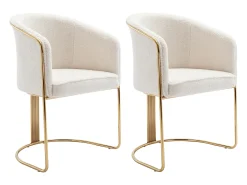 Conjunto de 2 sillas con reposabrazos de tela rizada y metal - Blanco y dorado - JOSETHE