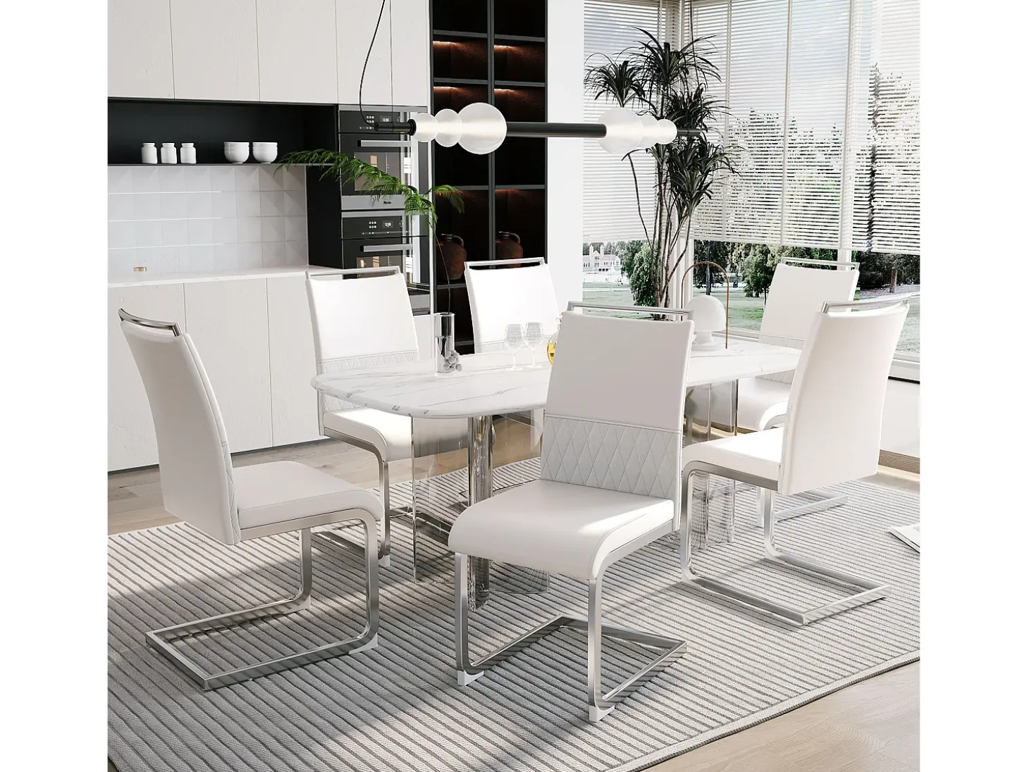 Conjunto de 6 sillas con respaldo de piel sintética y lino - Patas de metal - Blanco