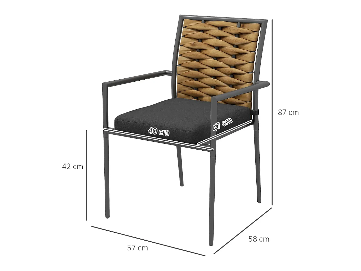 Conjunto de 2 sillas con reposabrazos, respaldo de ratán, estructura de acero con cojín acolchado extraíble, color negro.