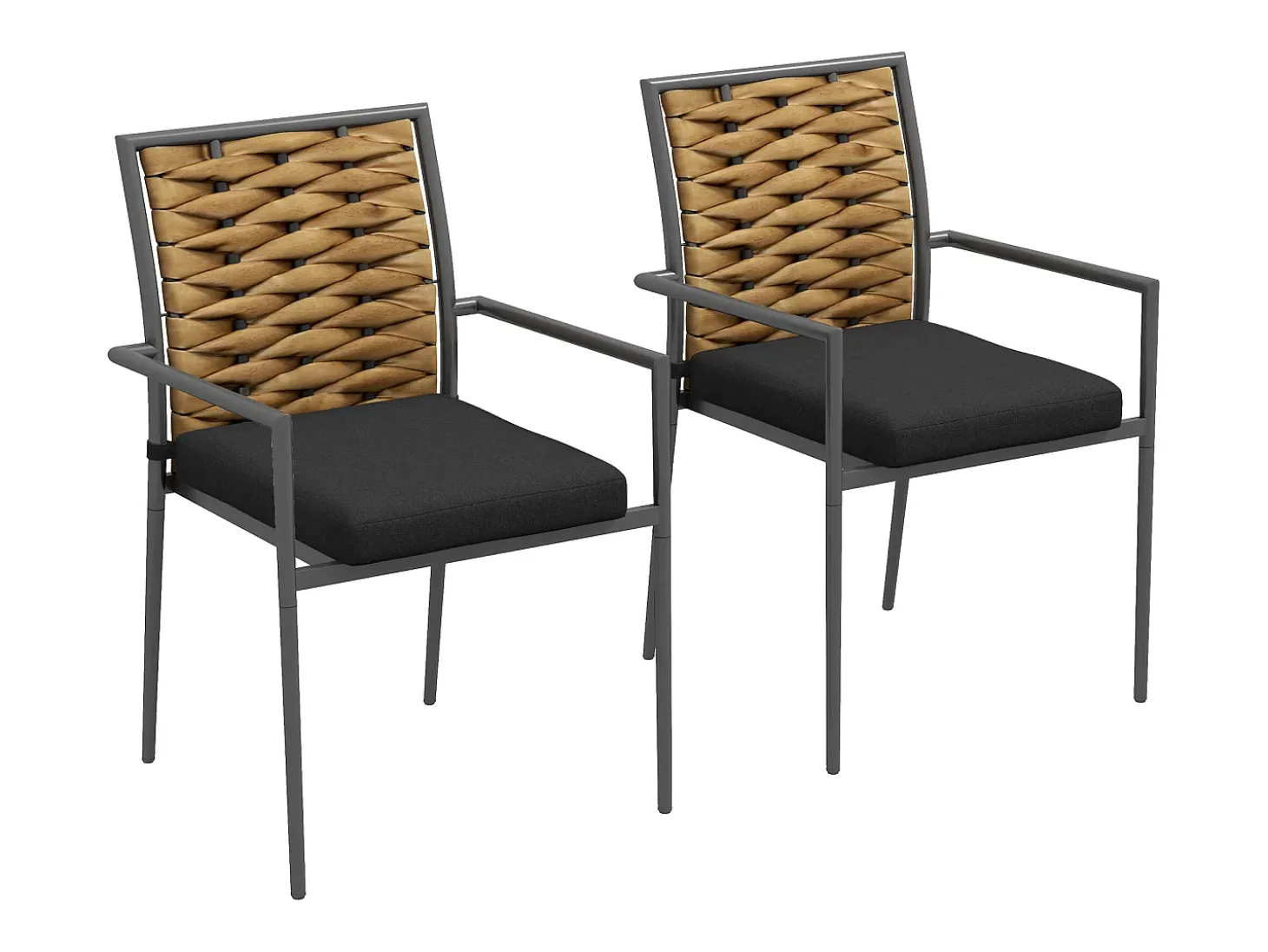 Conjunto de 2 sillas con reposabrazos, respaldo de ratán, estructura de acero con cojín acolchado extraíble, color negro.